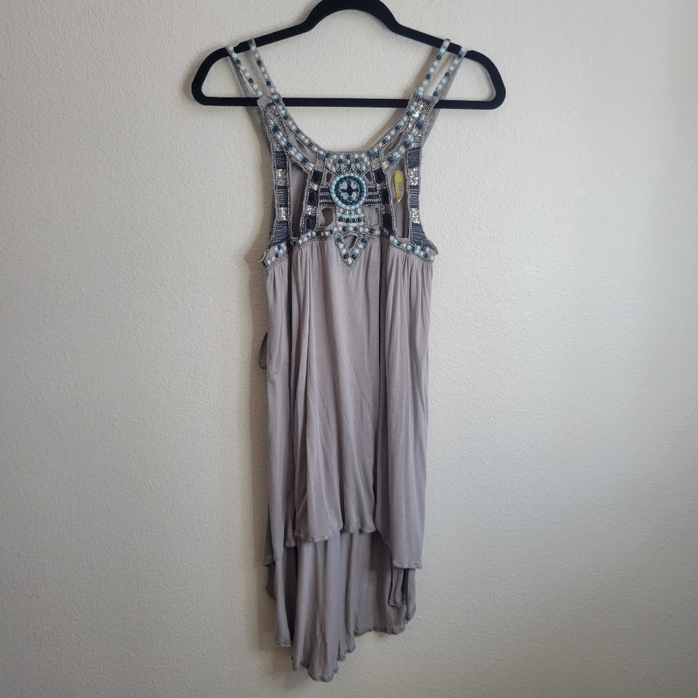 Free People Taupe High Low Sleeveless Tunic W Beading & Side Ties Ladies Small.